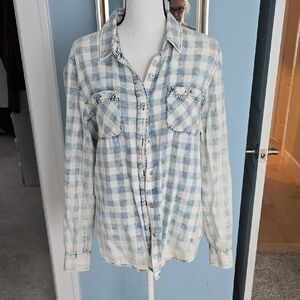 Vanilla Star Blue White Denim Look Checkered Button Woman Soft Shirt  Large Y2k